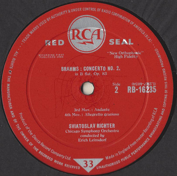 Johannes Brahms, Sviatoslav Richter, Chicago Symphony Orchestra, Erich Leinsdorf : Concerto No. 2 (LP, Mono)