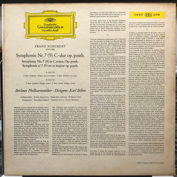 Franz Schubert, Berliner Philharmoniker, Karl Böhm : Symphonie Nr. 7 (9) Op. Posth. (LP)