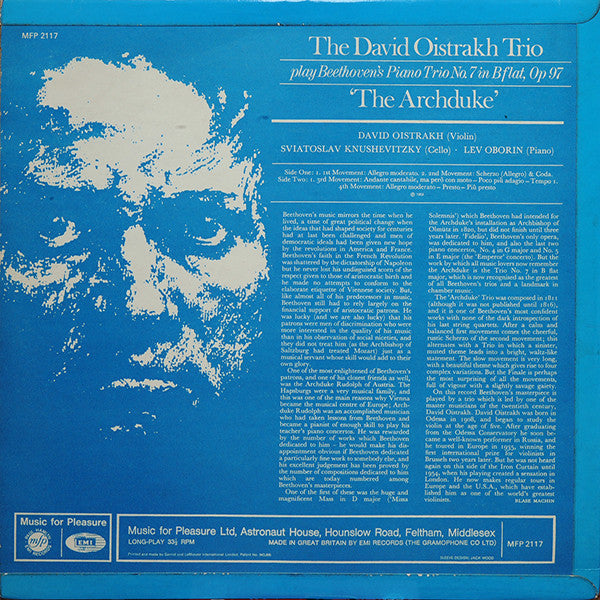 David Oistrakh Trio : Play Beethoven's Piano Trio No.7 In B Flat, Op.97 'The Archduke' (LP, Album, RE)