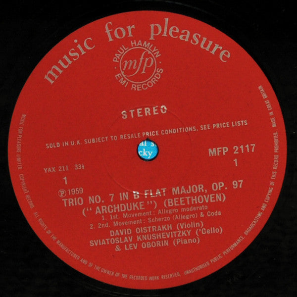 David Oistrakh Trio : Play Beethoven's Piano Trio No.7 In B Flat, Op.97 'The Archduke' (LP, Album, RE)