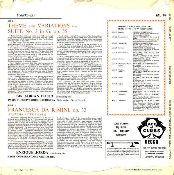 Pyotr Ilyich Tchaikovsky, Orchestre De La Société Des Concerts Du Conservatoire, Sir Adrian Boult • Enrique Jordá : Theme And Variations From Suite No. 3 / Francesca Da Rimini (LP, Comp, Mono)