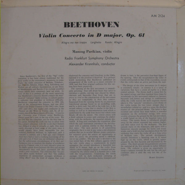 Ludwig van Beethoven, Manoug Parikian, Radio-Sinfonie-Orchester Frankfurt, Alexander Krannhals : Violin Concerto (LP)