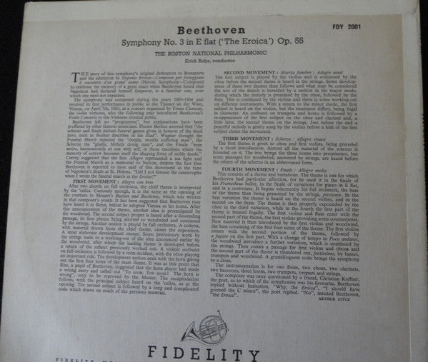 Ludwig van Beethoven, Boston National Philharmonic, Erich Ridje : Symphony No. 3 in E Flat ("The Eroica") (LP)