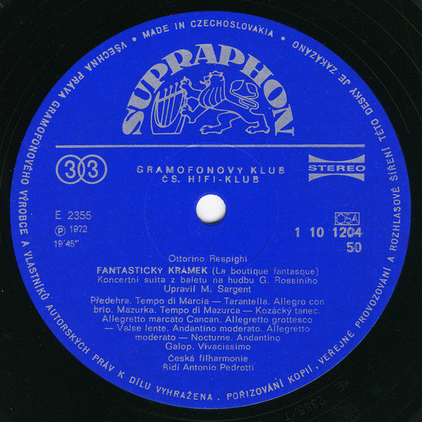 Ottorino Respighi, Gioacchino Rossini, The Czech Philharmonic Orchestra, Antonio Pedrotti : Pini Di Roma / La Boutique Fantasque (LP, Club)