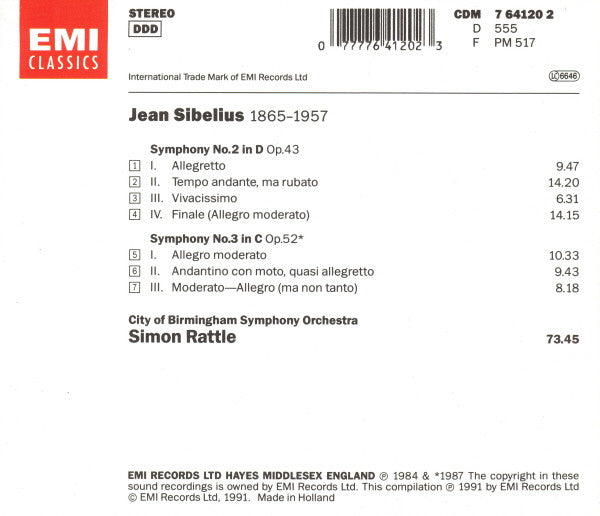 Jean Sibelius - Sir Simon Rattle, City Of Birmingham Symphony Orchestra : Symphonies Nos. 2 & 3 (CD, Album)
