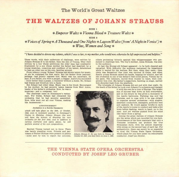 Orchester Der Wiener Staatsoper Conducted By Josef Leo Gruber, Johann Strauss Jr. : The World's Great Waltzes - The Waltzes Of Johann Strauss (LP)