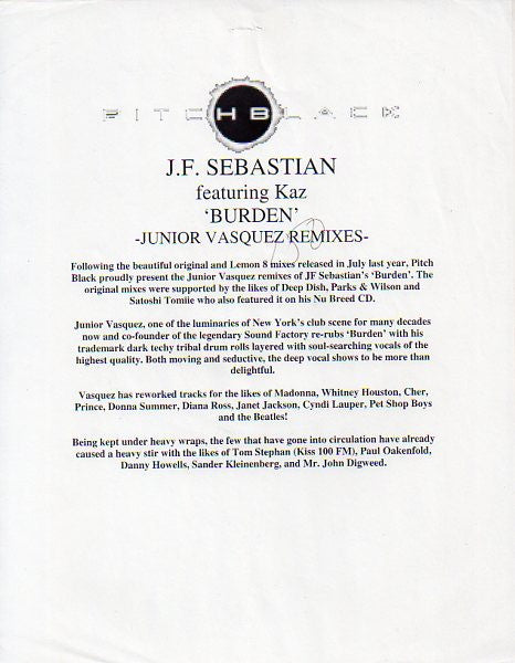 JF Sebastian featuring Kaz (4) : Burden (Remixes By Junior Vasquez) (12", Promo)