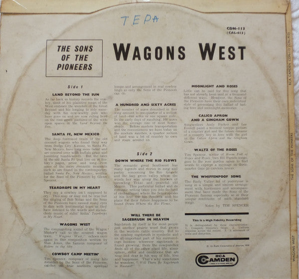 The Sons Of The Pioneers : Wagons West (LP, Album, Mono)
