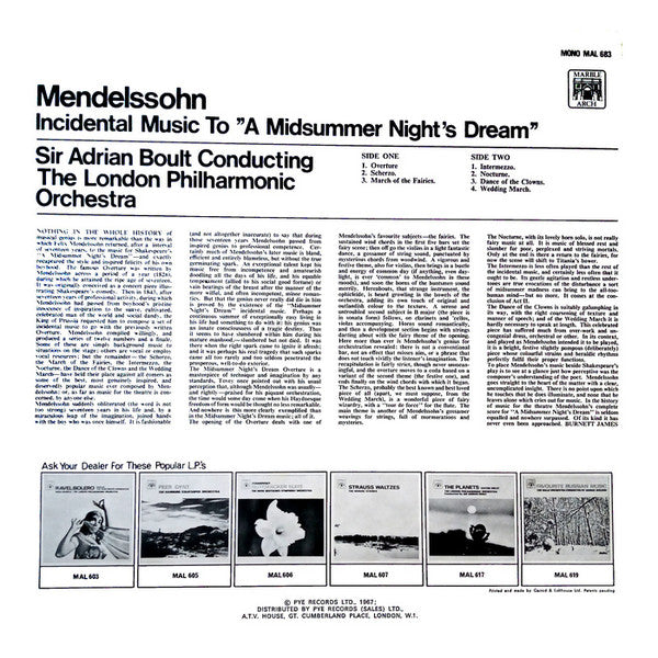 Felix Mendelssohn-Bartholdy, Sir Adrian Boult Conducting London Philharmonic Orchestra : Incidental Music To "A Midsummer Night's Dream" (LP)