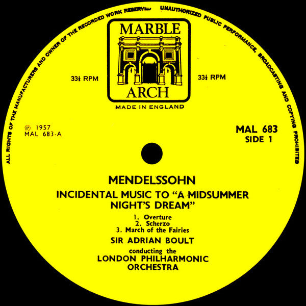 Felix Mendelssohn-Bartholdy, Sir Adrian Boult Conducting London Philharmonic Orchestra : Incidental Music To "A Midsummer Night's Dream" (LP)