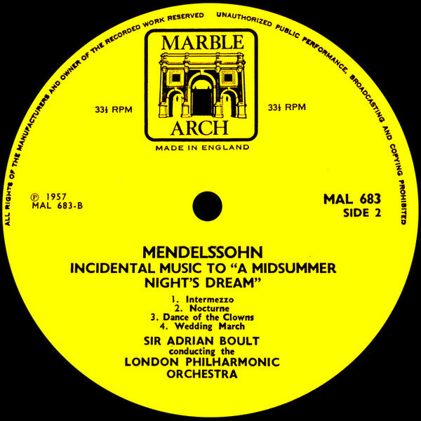 Felix Mendelssohn-Bartholdy, Sir Adrian Boult Conducting London Philharmonic Orchestra : Incidental Music To "A Midsummer Night's Dream" (LP)