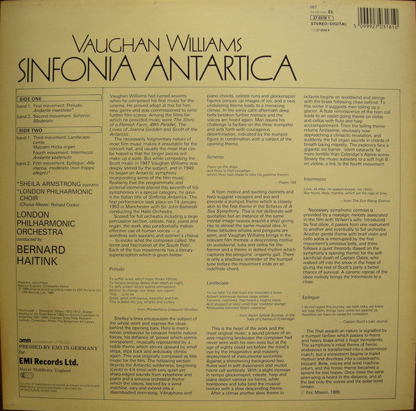 Ralph Vaughan Williams, Bernard Haitink, Sheila Armstrong, London Philharmonic Orchestra, London Philharmonic Choir : Sinfonia Antartica (LP)