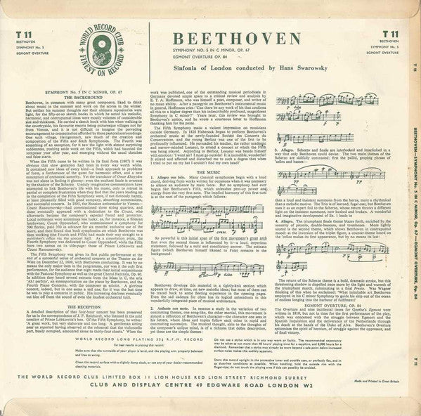 Ludwig van Beethoven, Sinfonia Of London Conducted By Hans Swarowsky : Symphony No. 5 In C Minor Opus 67 / Egmont Overture Opus 84 (LP, Mono, Club)