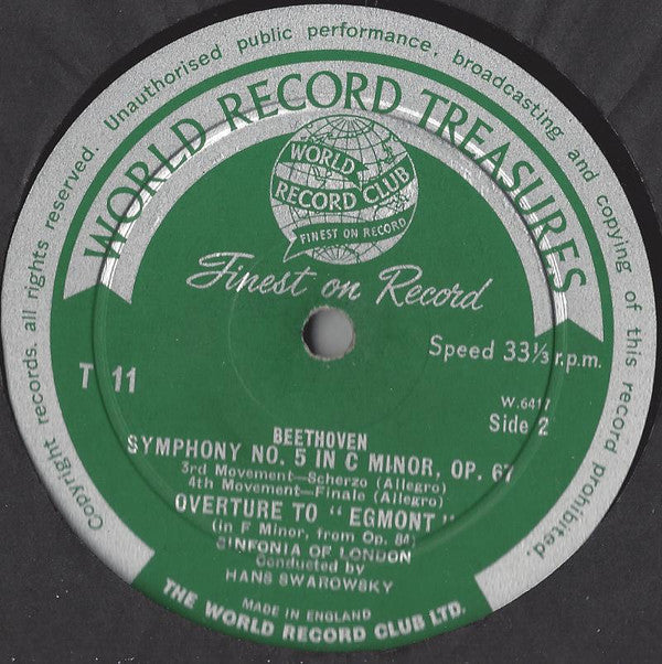 Ludwig van Beethoven, Sinfonia Of London Conducted By Hans Swarowsky : Symphony No. 5 In C Minor Opus 67 / Egmont Overture Opus 84 (LP, Mono, Club)