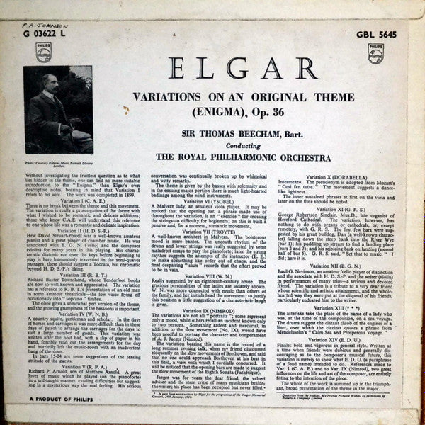 Sir Edward Elgar - Royal Philharmonic Orchestra, Sir Thomas Beecham : Enigma Variations  (LP, Mono)