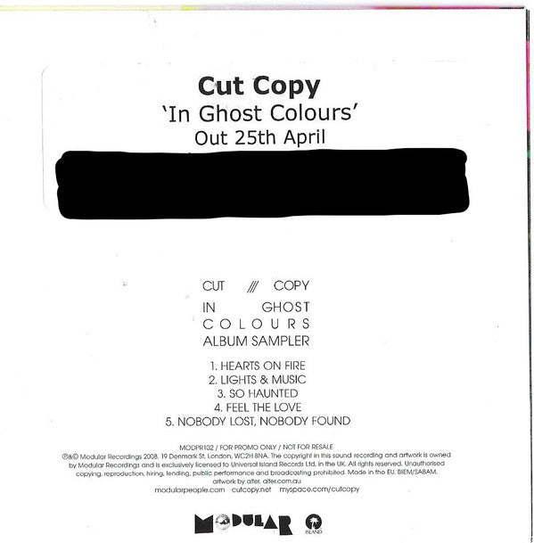 Cut Copy : In Ghost Colours (Album Sampler) (CDr, Copy Prot., Num, Promo, Smplr)