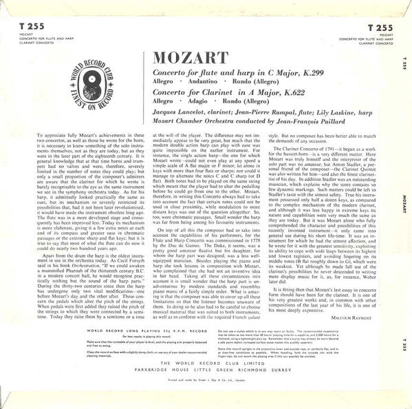 Mozart*, Jean-Pierre Rampal, Lily Laskine, Jacques Lancelot, Mozart Chamber Orchestra*, Jean-François Paillard : Concerto For Clarinet, K. 622 / Concerto For Flute And Harp. K.299 (LP, Club, RE)