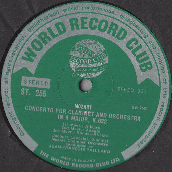 Mozart*, Jean-Pierre Rampal, Lily Laskine, Jacques Lancelot, Mozart Chamber Orchestra*, Jean-François Paillard : Concerto For Clarinet, K. 622 / Concerto For Flute And Harp. K.299 (LP, Club, RE)