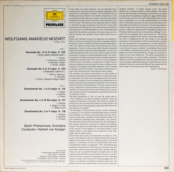 Mozart* - Berlin Philharmonic*, Herbert von Karajan : Eine Kleine Nachtmusik, Serenata Notturna, Divertimenti  K.136∙135∙138 (LP, Comp, RE)