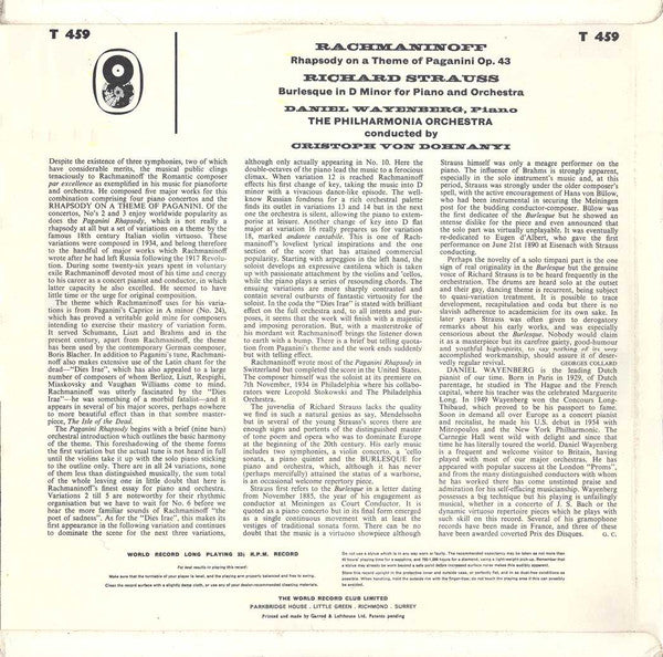 Sergei Vasilyevich Rachmaninoff / Richard Strauss, Philharmonia Orchestra Conducted By Christoph von Dohnányi , Piano Daniel Wayenberg : Rhapsody On A Theme Of Paganini / Burlesque In D Minor For Piano & Orchestra (LP, Club, RE)