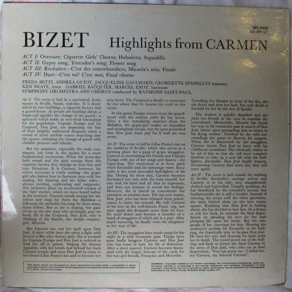 Georges Bizet - Freda Betti, Andréa Guiot, Ken Neate, Gabriel Bacquier, Orchestre Raymond Saint-Paul And Choeur Raymond Saint-Paul Conducted By Raymond Saint-Paul : Carmen Highlights (LP, RE)