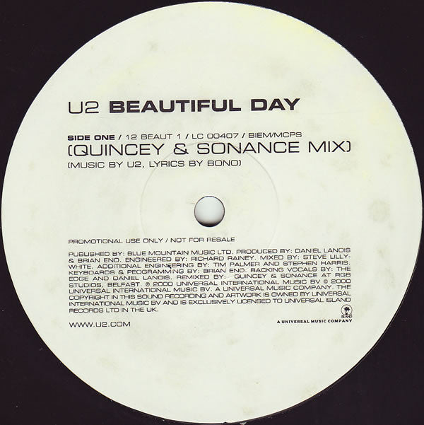 U2 : Beautiful Day (Quincey & Sonance Remix) (12", S/Sided, Single, Promo)
