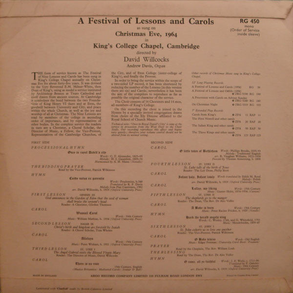 The Choir Of King's College, Cambridge* Directed By David Willcocks : A Festival Of Lessons And Carols (LP, Mono)