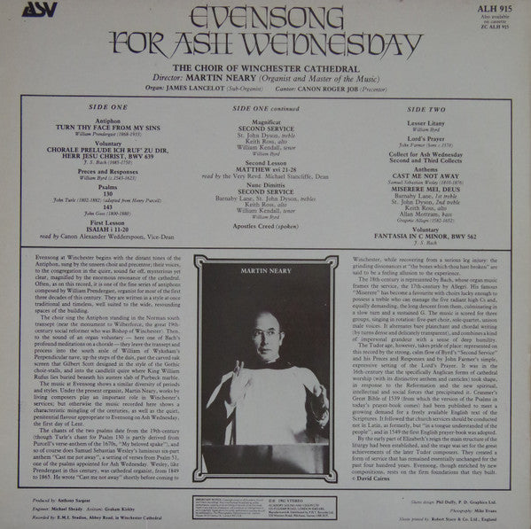 Winchester Cathedral Choir : Evensong For Ash Wednesday (LP, Album)