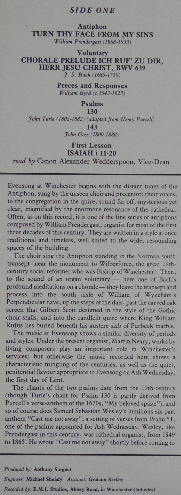 Winchester Cathedral Choir : Evensong For Ash Wednesday (LP, Album)