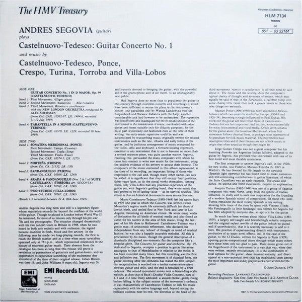 Andrés Segovia : Castelnuovo-Tedesco Guitar Concerto No. 1 (LP, Album, Mono)