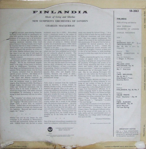 Edvard Grieg, Jean Sibelius - The New Symphony Orchestra Of London, Sir Charles Mackerras : Finlandia Music Of Grieg And Sibelius (LP)