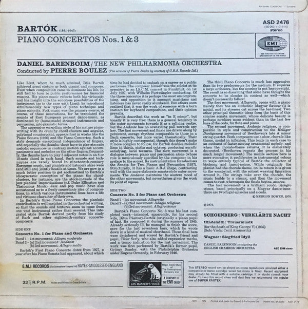 Daniel Barenboim / Pierre Boulez / New Philharmonia Orchestra / Béla Bartók : Piano Concertos Nos. 1 & 3 (LP)