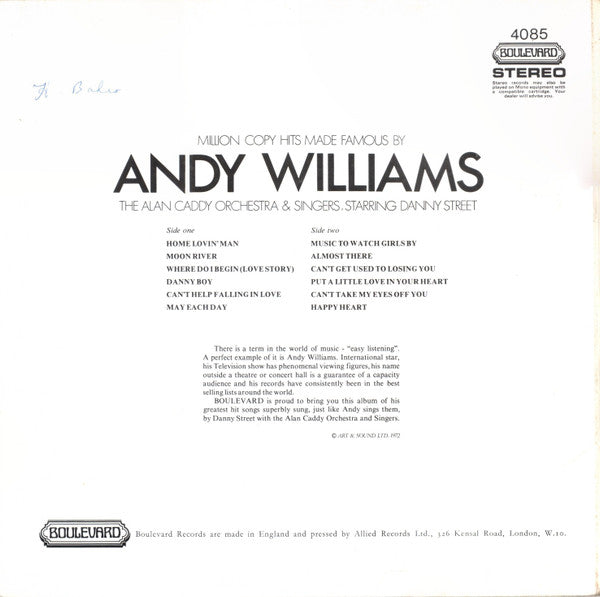 Alan Caddy Orchestra & Singers, Danny Street : Million Copy Hits Made Famous By Andy Williams (LP)