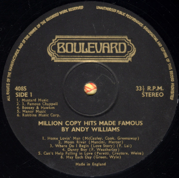 The Alan Caddy Orchestra & Singers*, Danny Street : Million Copy Hits Made Famous By Andy Williams (LP)