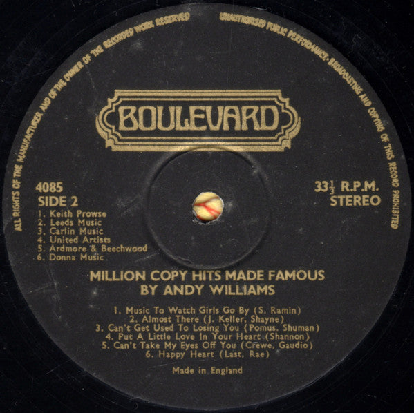 Alan Caddy Orchestra & Singers, Danny Street : Million Copy Hits Made Famous By Andy Williams (LP)