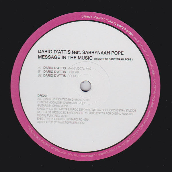 Dario D'Attis feat. Sabrynaah Pope : Message In The Music (Tribute to Sabrynaah Pope) (12")