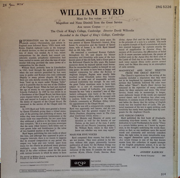 William Byrd, The King's College Choir Of Cambridge, David Willcocks : Mass For 5 Voices / Magnificat And Nunc Dimittis From The Great Service / Ave Verum Corpus (LP, RE)