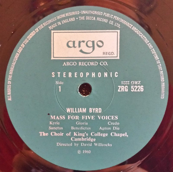 William Byrd, The King's College Choir Of Cambridge, David Willcocks : Mass For 5 Voices / Magnificat And Nunc Dimittis From The Great Service / Ave Verum Corpus (LP, RE)