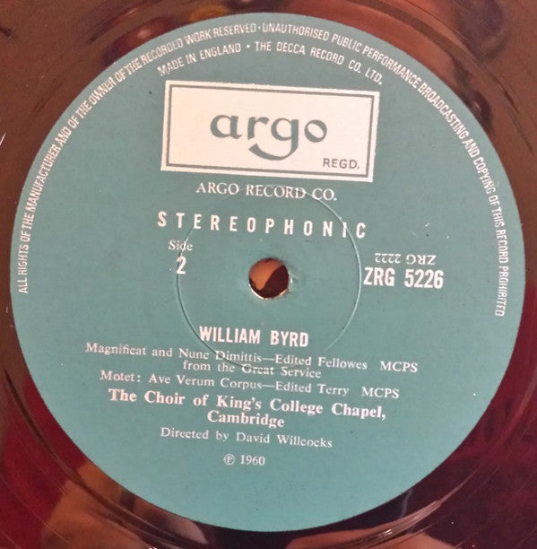William Byrd, The King's College Choir Of Cambridge, David Willcocks : Mass For 5 Voices / Magnificat And Nunc Dimittis From The Great Service / Ave Verum Corpus (LP, RE)