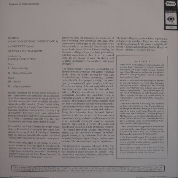 Johannes Brahms - André Watts, Leonard Bernstein, New York Philharmonic : Piano Concerto No. 2 In B Flat (LP, Album)