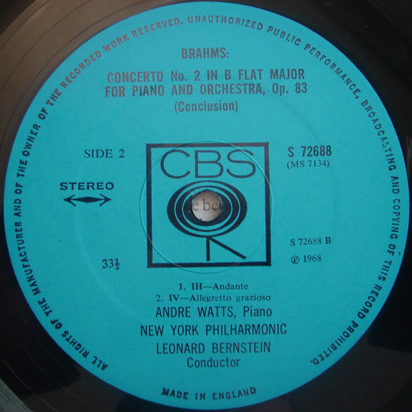 Johannes Brahms - André Watts, Leonard Bernstein, New York Philharmonic : Piano Concerto No. 2 In B Flat (LP, Album)