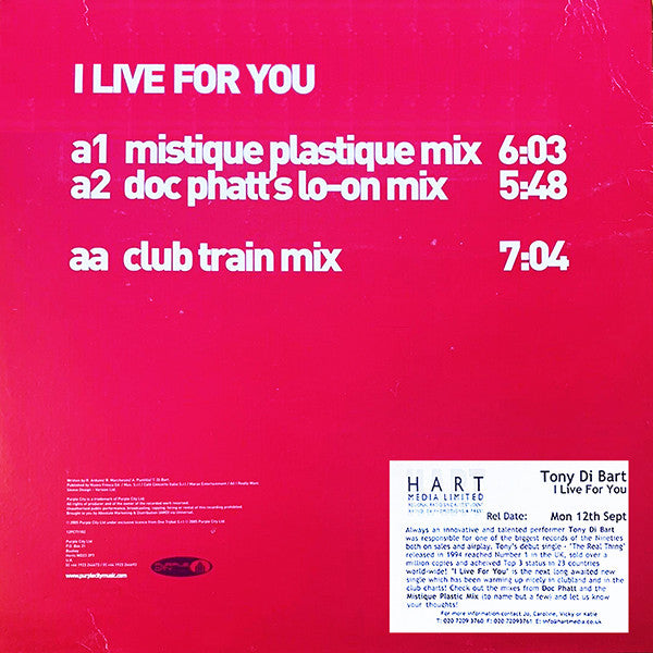 Tony Di Bart : I Live For You (12")