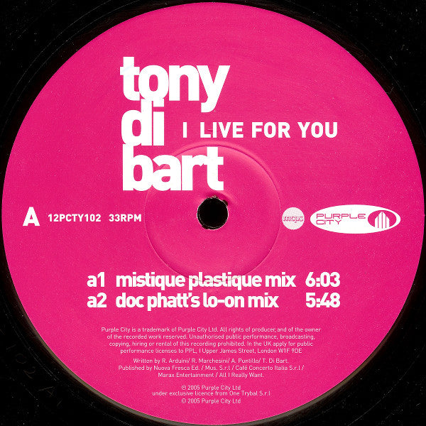 Tony Di Bart : I Live For You (12")