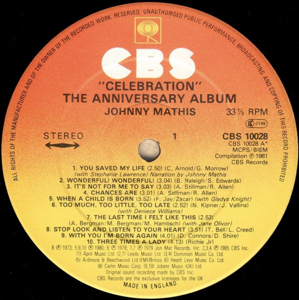 Johnny Mathis : Celebration (The Anniversary Album) (LP, Album, Comp)