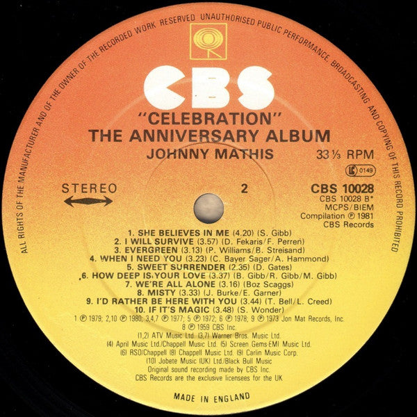 Johnny Mathis : Celebration (The Anniversary Album) (LP, Album, Comp)