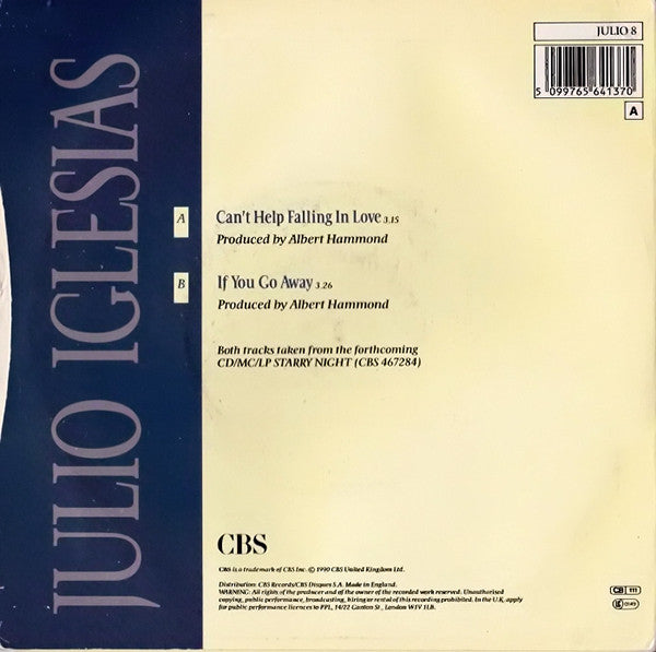 Julio Iglesias : Can't Help Falling In Love (7", Single)