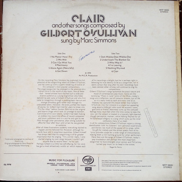 Marc Simmons : Clair And Other Songs Composed By Gilbert O'Sullivan (LP, Album)