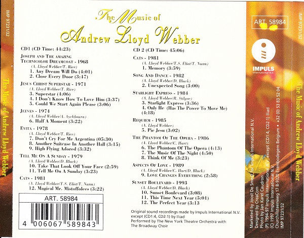 The New York Theatre Orchestra with The Broadway Choir : The Music Of Andrew Lloyd Webber (2xCD, Comp)