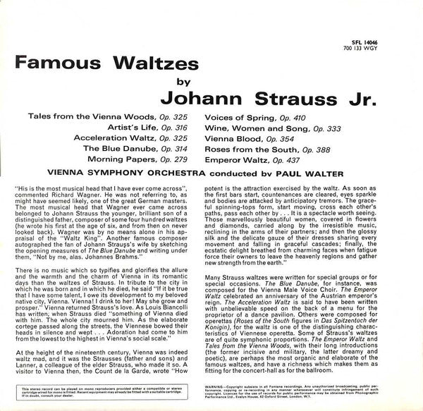 Johann Strauss Jr., Wiener Symphoniker Conducted By Paul Walter : Waltzes By Johann Strauss Jr. (LP)