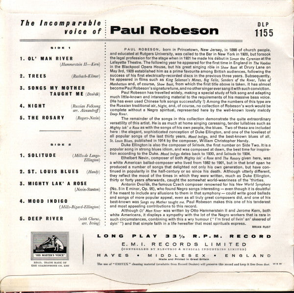 Paul Robeson : The Incomparable Voice Of Paul Robeson (10", Comp)